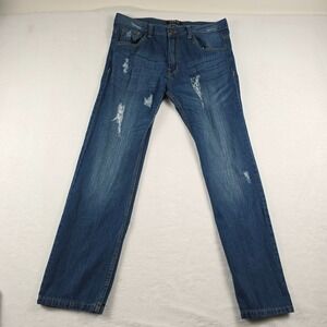 Koman Mens‎ Distressed Straight Leg Blue Jeans Size 36x32 Ripped Denim Cotton
